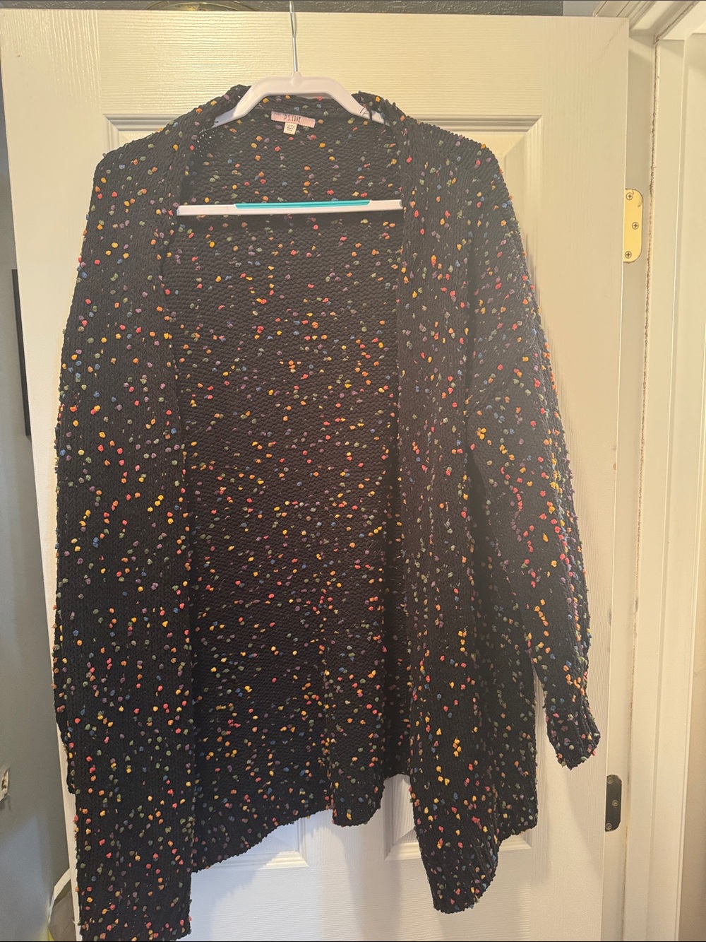 Black Open-Front Cardigan with Multicolor Speckle